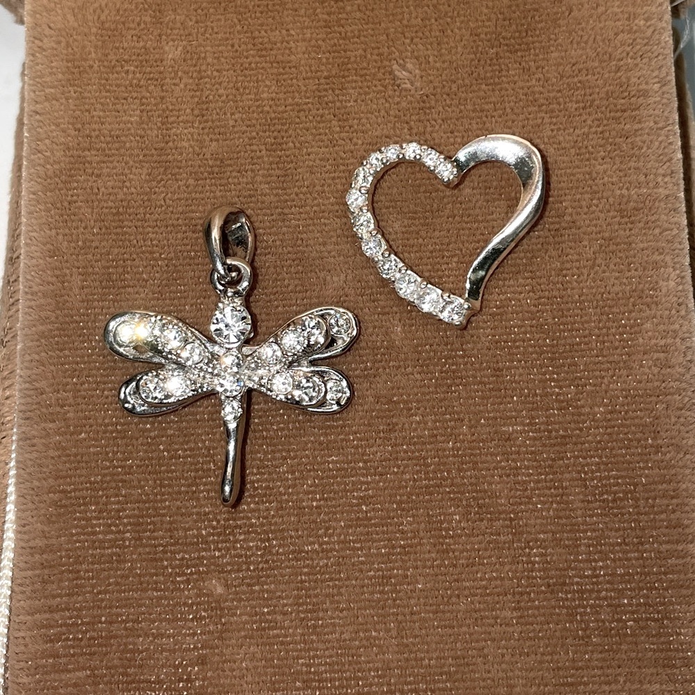 Lot of 2 Silver Pendant Charms Dragonfly Heart Faux Diamond-like for Necklace